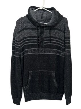 Commerce Mens Large Black Charcoal Striped Knit Button Hoodie Sweater Pullover